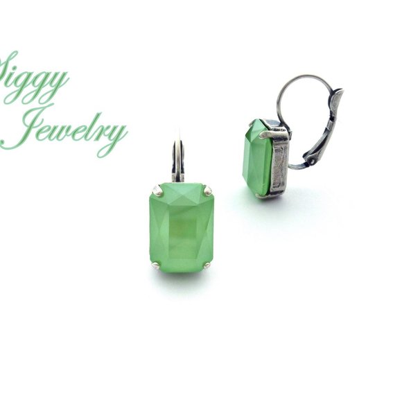 Mint Green Emerald Cut Drop Lever Back Crystal Earrings, Assorted Finishes - Picture 3 of 6
